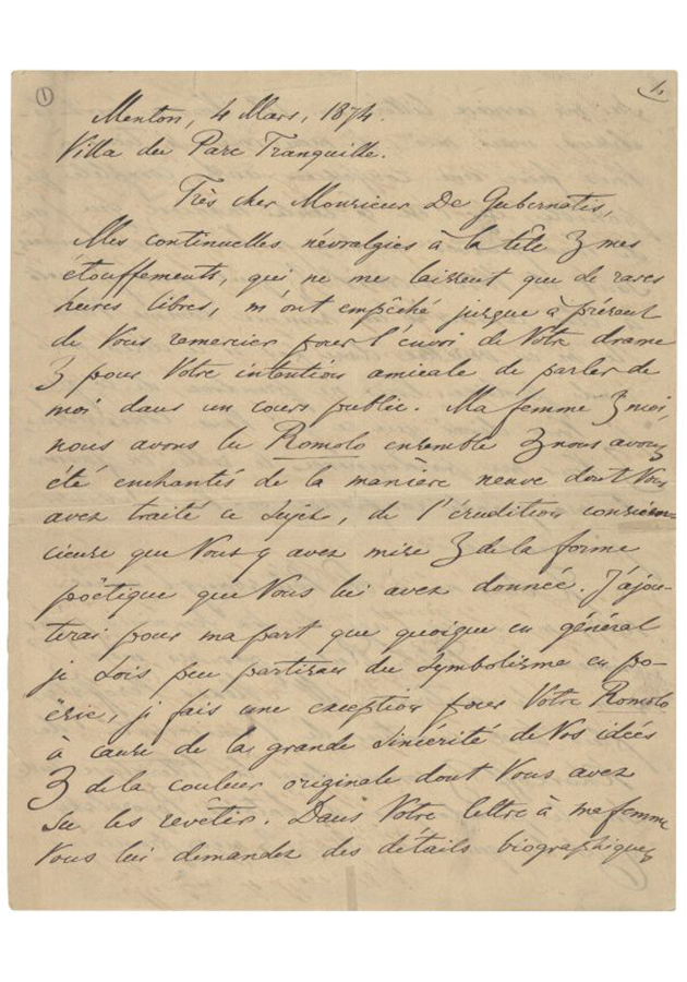 А.К. Толстой, автограф письма Анджело де Губернатису, 1874 год