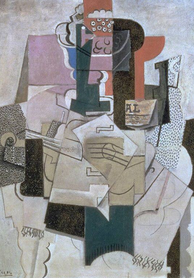 Пабло Пикассо, Блюдо с фруктами, скрипка и бутылка, 1914 г.