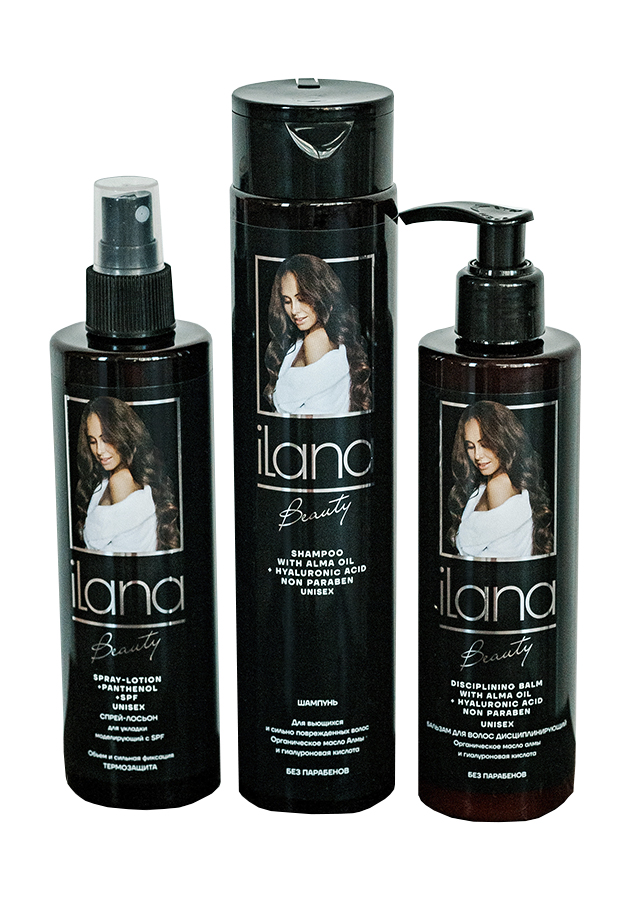 У iLana изучаем шампунь для вьющихся и сильно поврежденных волос, дисциплинирующий бальзам и термозащитный спрей-лосьон