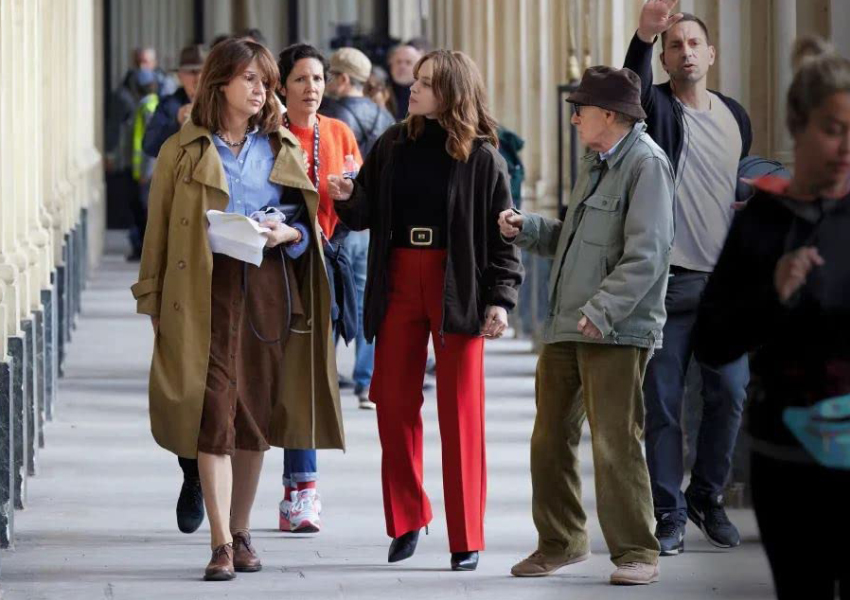 Валери Лемерсье, Лу де Лааж и Вуди Аллен во время съемок фильма 