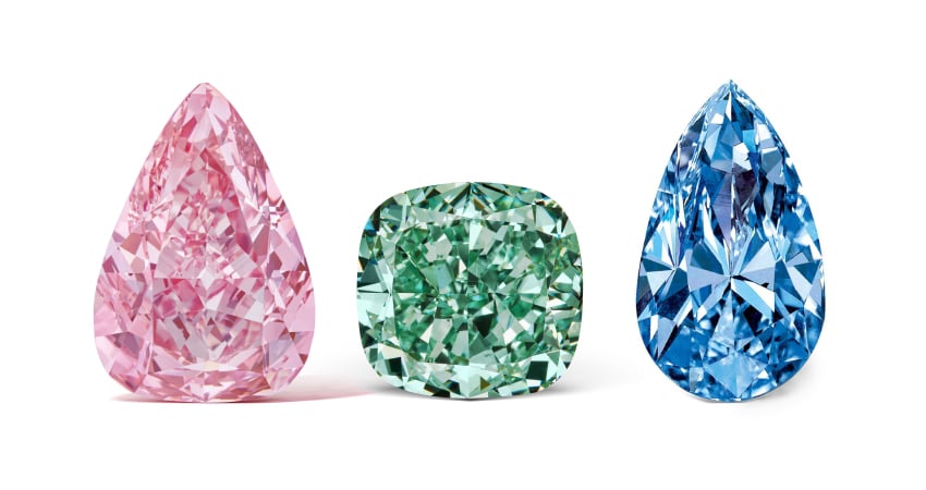 Розовый, зеленый и синий бриллианты