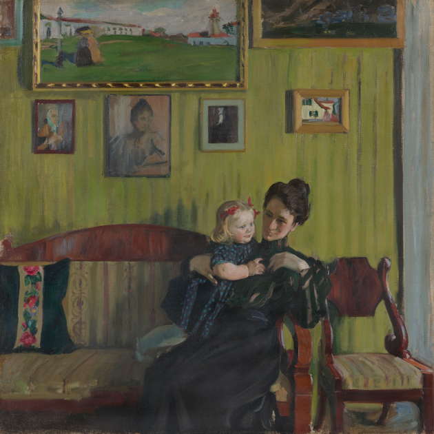 Б. М. Кустодиев, Портрет жены художника Ю. Е. Кустодиевой с дочерью Ириной, 1908