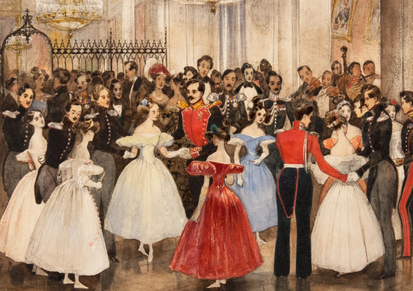 Г. Гагарин. Бал у княгини Марии Федоровны Барятинской. 1834. Бумага, акварель, гуашь, тушь, лак.