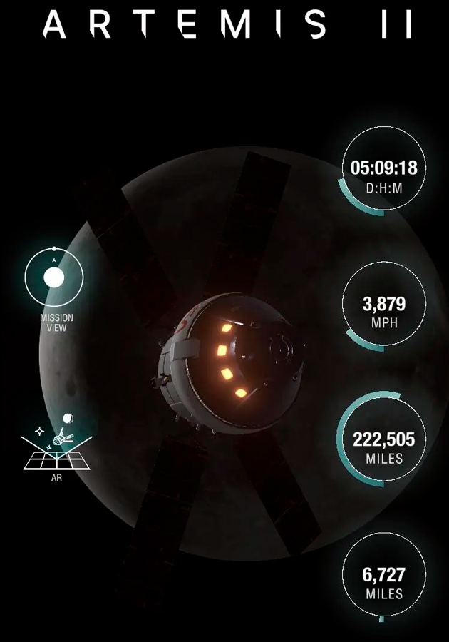 Мобильное приложение AROW позволяет следить, где находятся «Орион» и экипаж Artemis II по отношению к Земле и Луне, а также за траекторией «Ориона» во время миссии (фото: NASA)