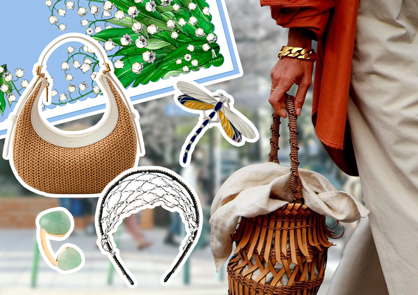 В коллаже (слева направо): платок Russkaya Skazka, сумка Coccinelle, кольцо Pdpaola, ободок Love Republic, брошь «Стрекоза» Dzhanelli Jewellery 