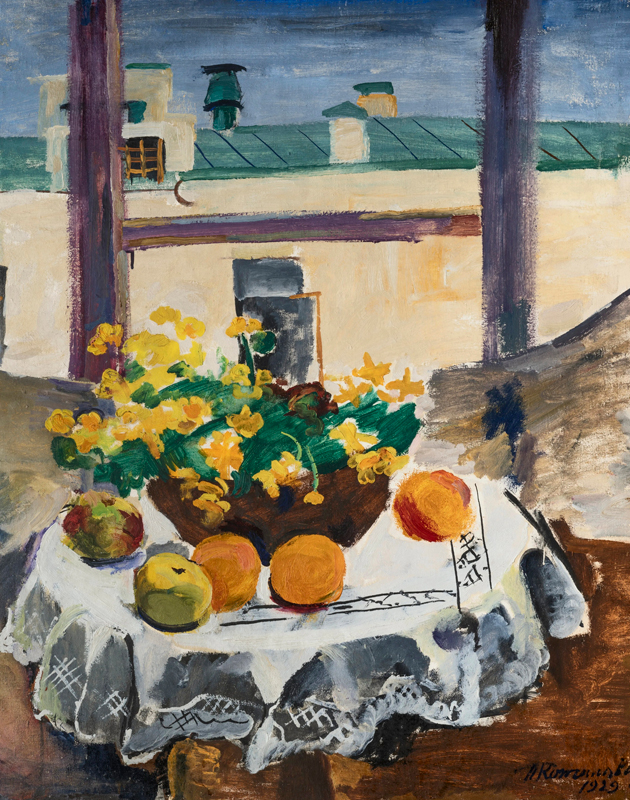 Пётр Кончаловский. Натюрморт. Стол с фруктами и желтыми цветами. 1929 г.
