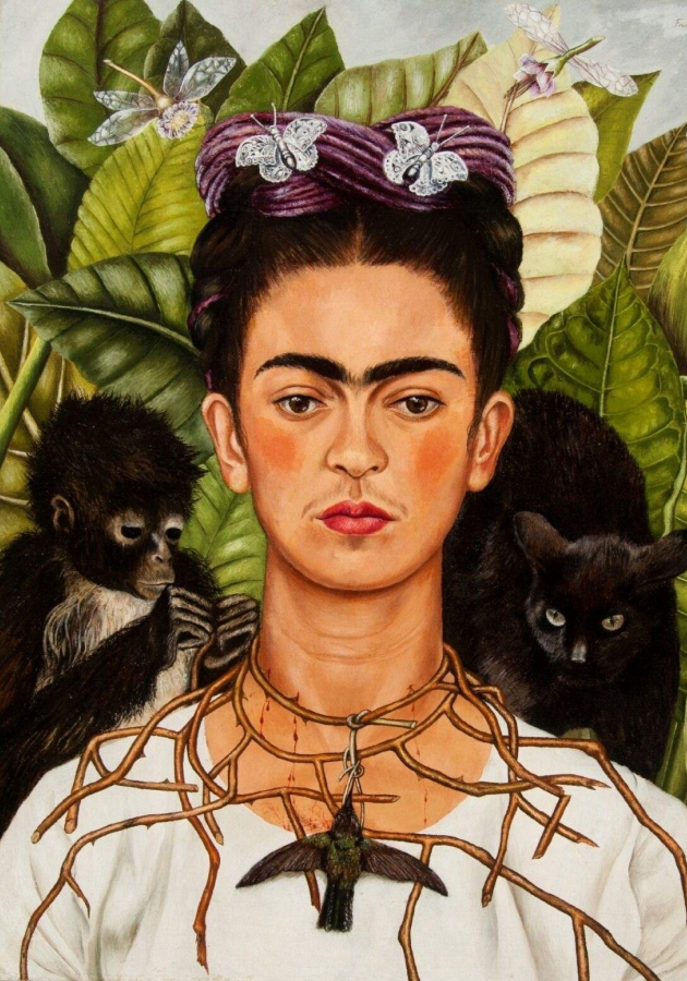Frida Kahlo (Mexican, 1907–1954), Untitled [Self-portrait with thorn necklace and hummingbird], 1940. Oil on canvas mounted to board. Nickolas Muray Collection of Mexican Art, 66.6. Harry Ransom Center.