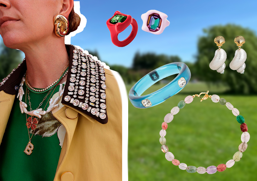 В коллаже (слева направо): кольца de.formee, браслет Swarovski, колье Aloud, серьги Omellini