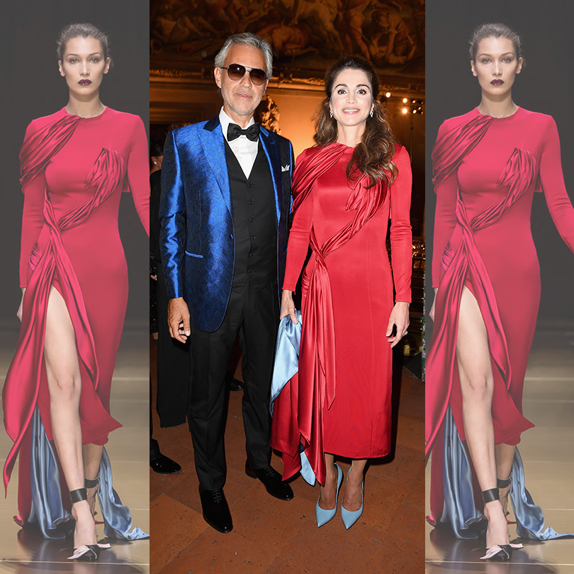 На благотворительном приеме Celebrity Fight Night во Флоренции королева Иордании появилась в шелковом платье Atelier Versace ярко-рубинового цвета c контрастной подкладкой