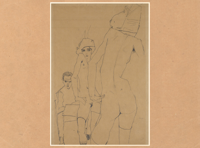 Эгон Шиле. Эгон Шиле и обнаженная модель перед зеркалом. 1910