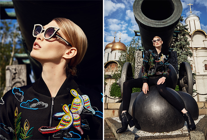 Style Notes: модная съемка Aizel в Московском Кремле. Комбинезон, бомбер, очки и броши Alexander Arutyunov