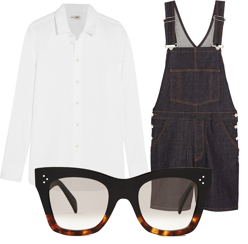 Джинсовый комбинезон Givenchy, рубашка Saint Laurent, солнцезащитные очки Céline