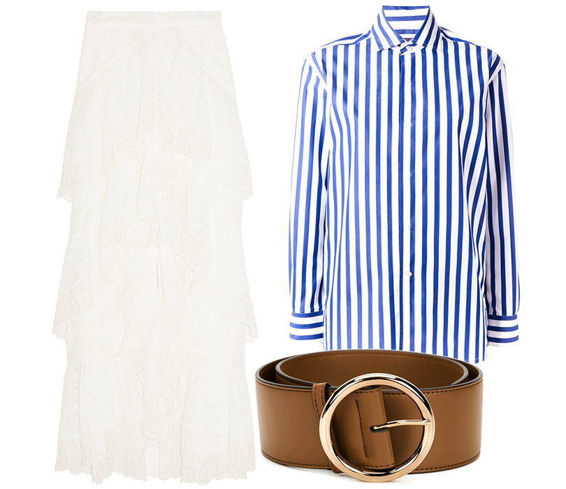 Белая макси-юбка Erdem, рубашка в вертикальную полоску Ralph Lauren, широкий ремень Stella McCartney