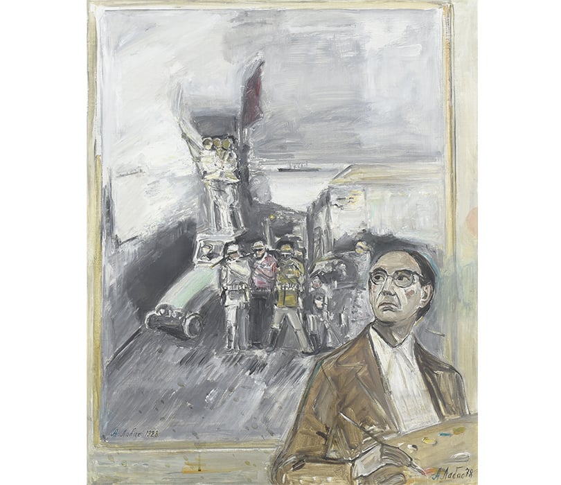 Александр Лабас. Автопортрет на фоне картины «Октябрь 1928 год». 1978