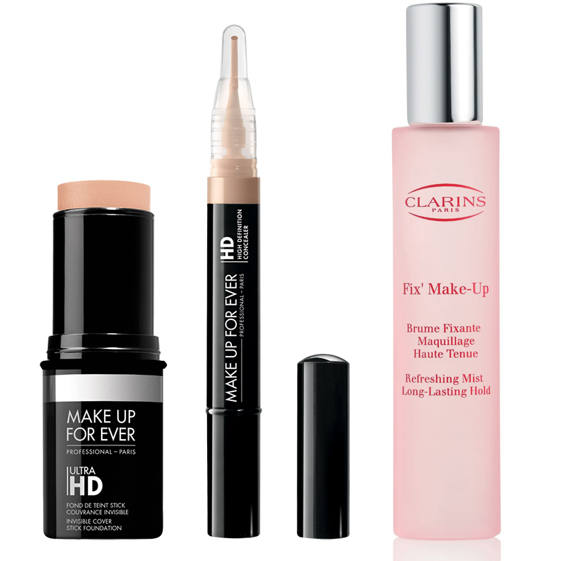 Невидимое тональное покрытие Make Up For Ever Invisible Cover Stick Foundation, консилер Make Up For Ever High Definition Invisible Cover Concealer и фиксатор макияжа Clarins Fix Make Up