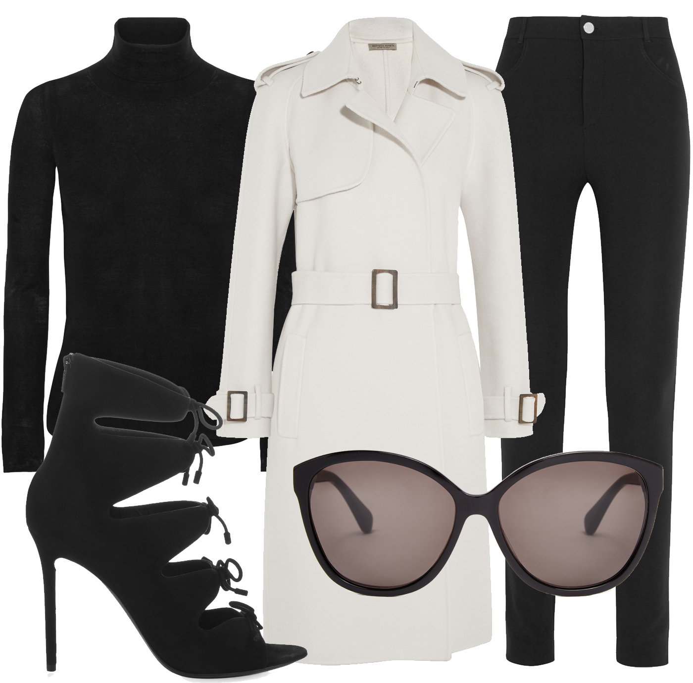 Белый тренч Bottega Veneta, узкие брюки Givenchy, водолазка Joseph, замшевые босоножки Balenciaga, солнцезащитные очки Diane Von Furstenberg