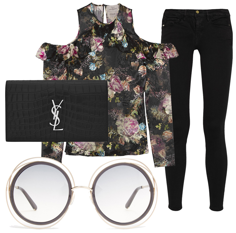 Шифоновая блузка Preen by Thornton Bregazzi, джинсы Frame Denim, клатч Saint Laurent, солнцезащитные очки Chloé