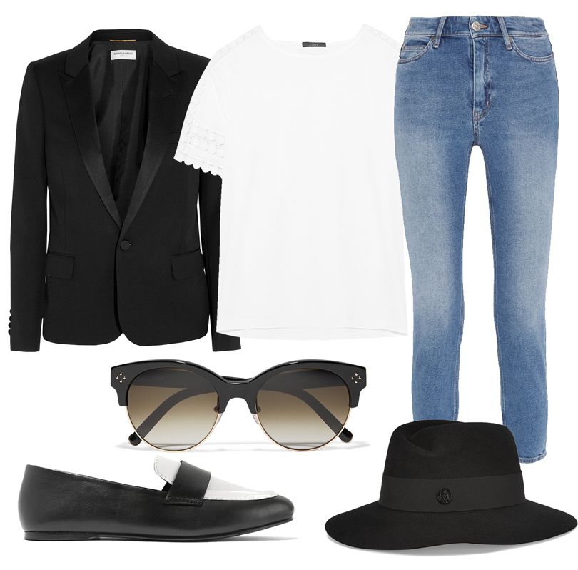 Укороченные джинсы M.i.h Jeans, белый топ с кружевной вставкой J.Crew, черно-белые лоферы NewbarK, жакет Saint Laurent, солнцезащитные очки Chloé, шляпа Maison Michel