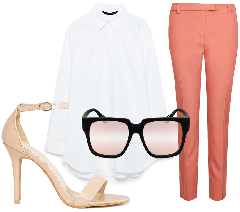 Прямые брюки Topshop, белая рубашка Zara, босоножки ASOS, солнцезащитные очки Quay Australia.