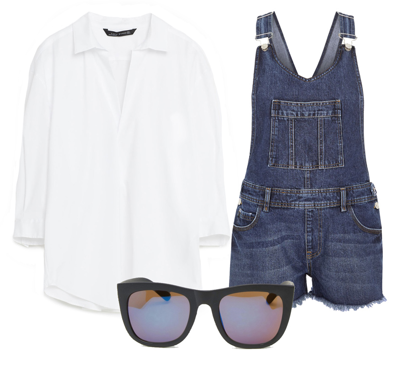 Джинсовый комбинезон River Island, рубашка Zara, cолнцезащитные очки AJ Morgan