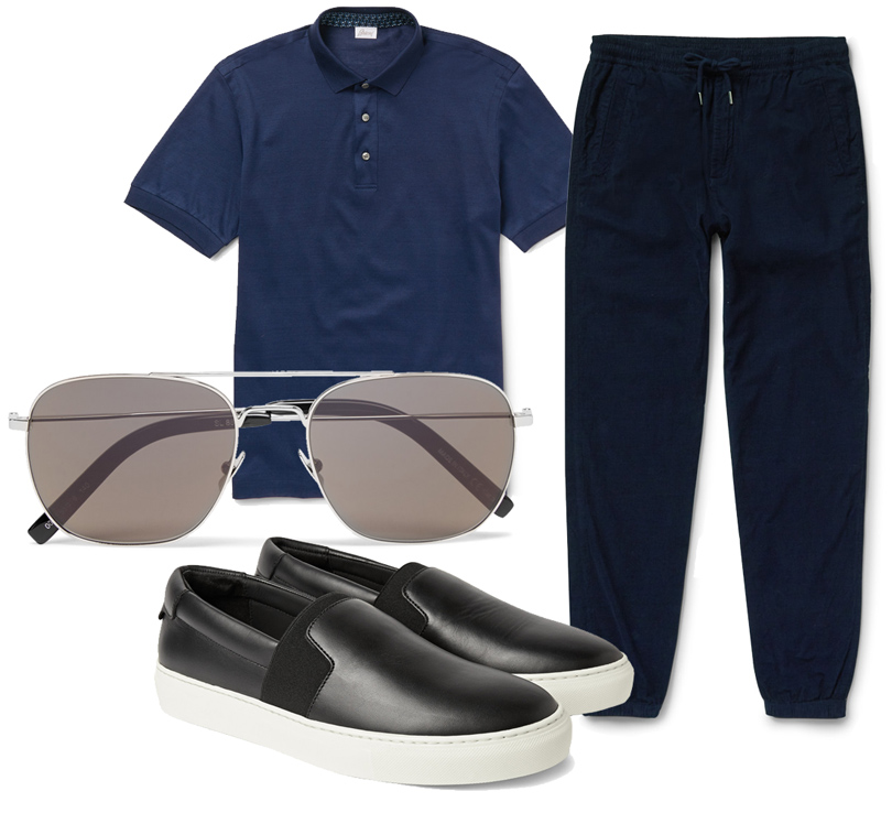 Спортивные брюки Folk, cлипоны Balenciaga, поло Brioni, солнцезащитные очки Saint Laurent