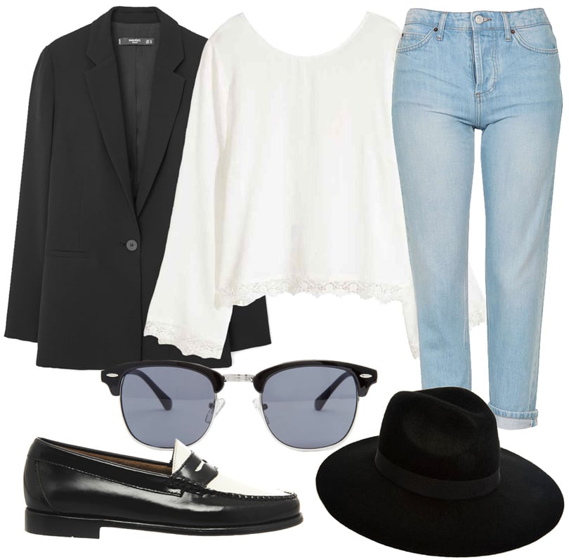 Укороченные прямые джинсы Topshop, топ c кружевными вставками H&M, черно-белые лоферы GH Bass, жакет Mango, солнцезащитные очки и шляпа ASOS