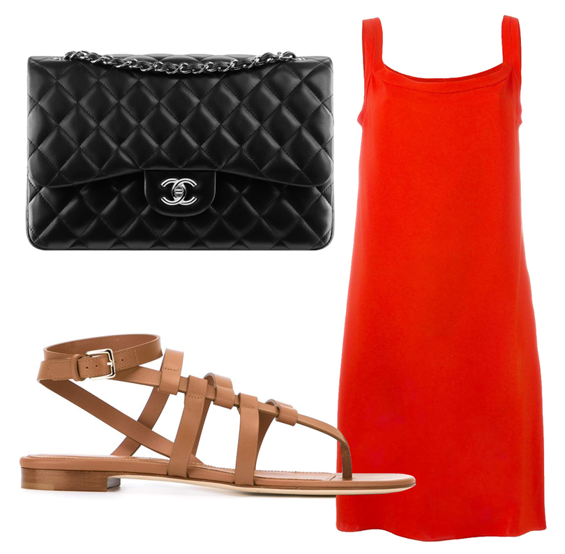 Красное платье Lanvin, классическая сумка Chanel, босоножки Sergio Rossi