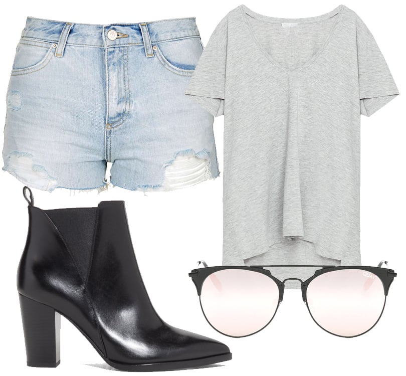 Футболка Zara, шорты Topshop, солнцезащитные очки Quay Australia, укороченные сапоги & Other Stories