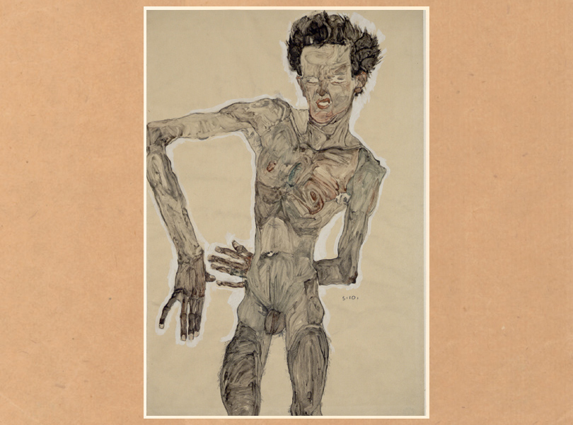 Эгон Шиле. Автопортрет в обнаженном виде, гримаса. 1910