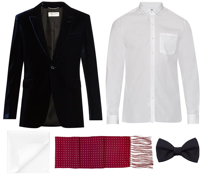 Вельветовый блейзер, Saint Laurent; шелковый шарф, Aspinal of London; рубашка и бабочка, Lanvin; нагрудный платок, Thomas Pink