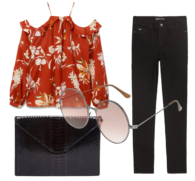 Блузка Mango, джинсы Zara, клатч из искусственной кожи ASOS, солнцезащитные очки Topshop