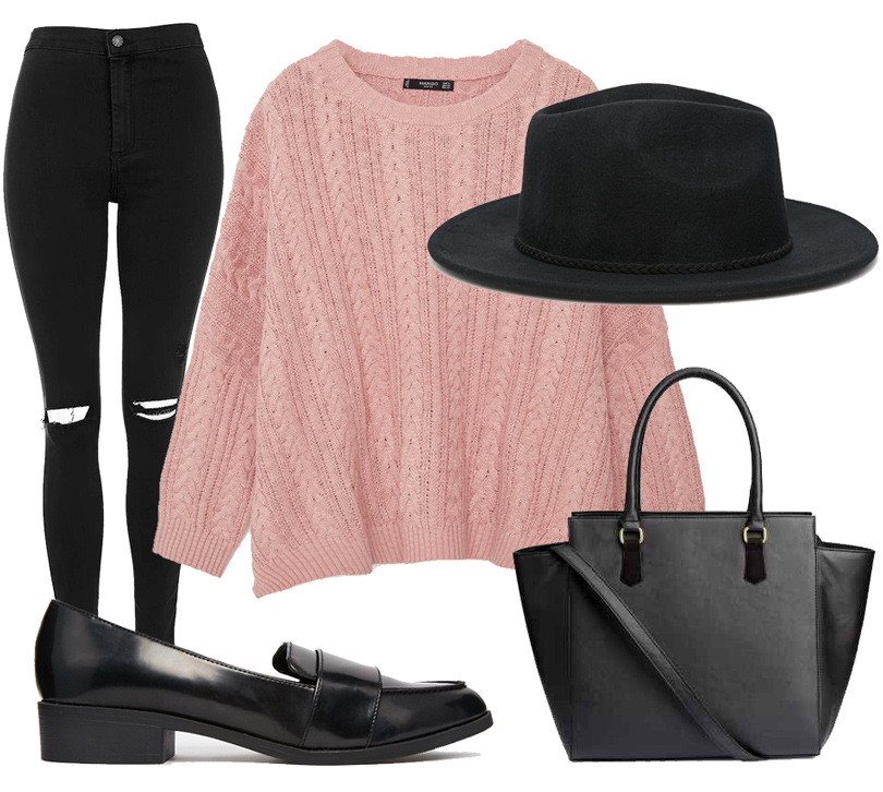 Объемный свитер крупной вязки Zara, джинсы Topshop, сумка на длинном ремешке H&M, лоферы New Look, шляпа ASOS