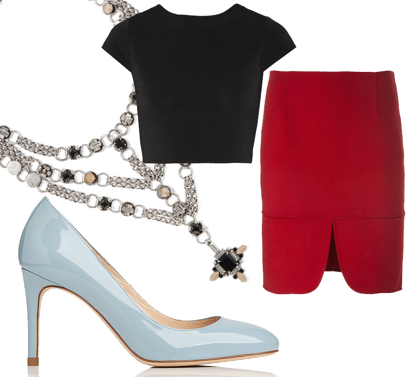 Укороченный топ из джерси Alice + Olivia, ожерелье Dannijo, красная миди-юбка с завышенной талией DKNY, туфли L.K. Bennett.