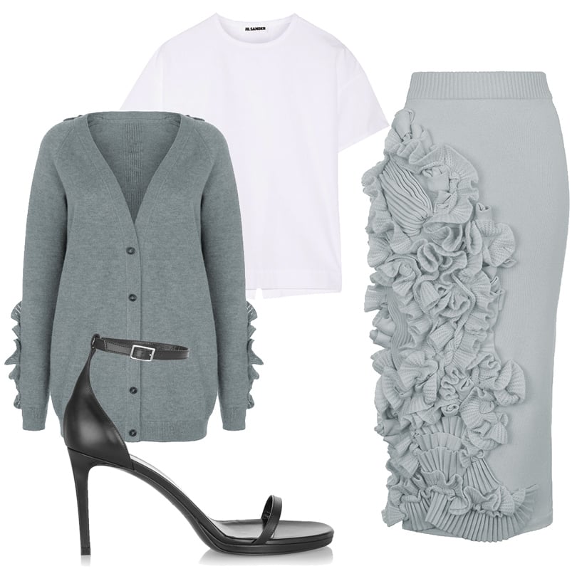 Удлиненная кашемировая юбка-карандаш и кардиган Ruban, белый топ Jil Sander, босоножки Saint Laurent