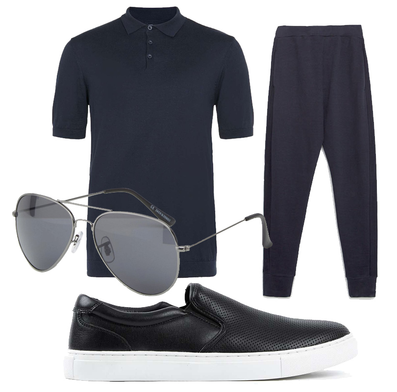 Спортивные брюки Zara, слипоны и поло Topman, солнцезащитные очки Jack & Jones