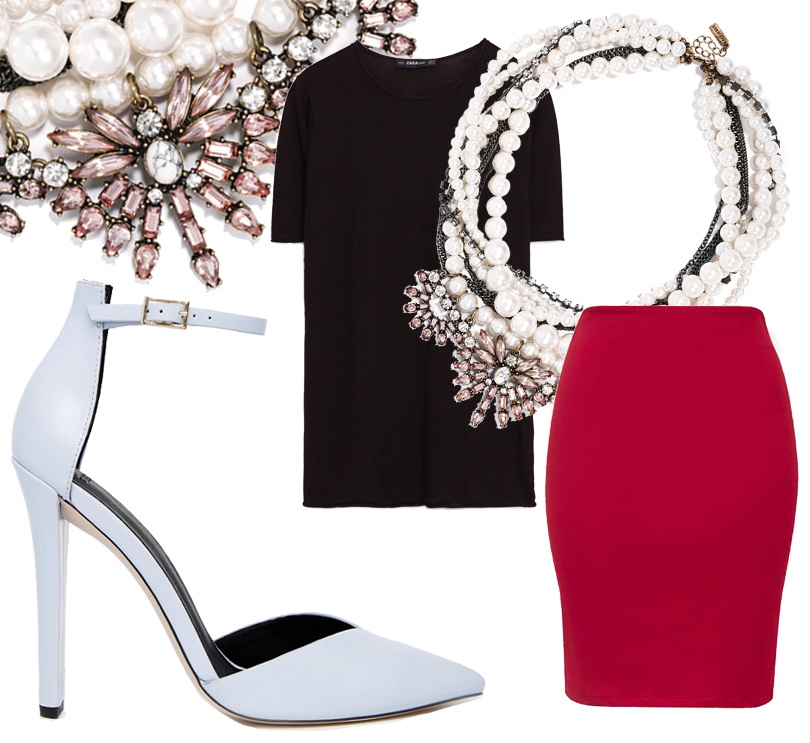 Свитер с короткими рукавами Zara, ожерелье BaubleBar, красная юбка-карандаш Topshop, туфли ASOS.