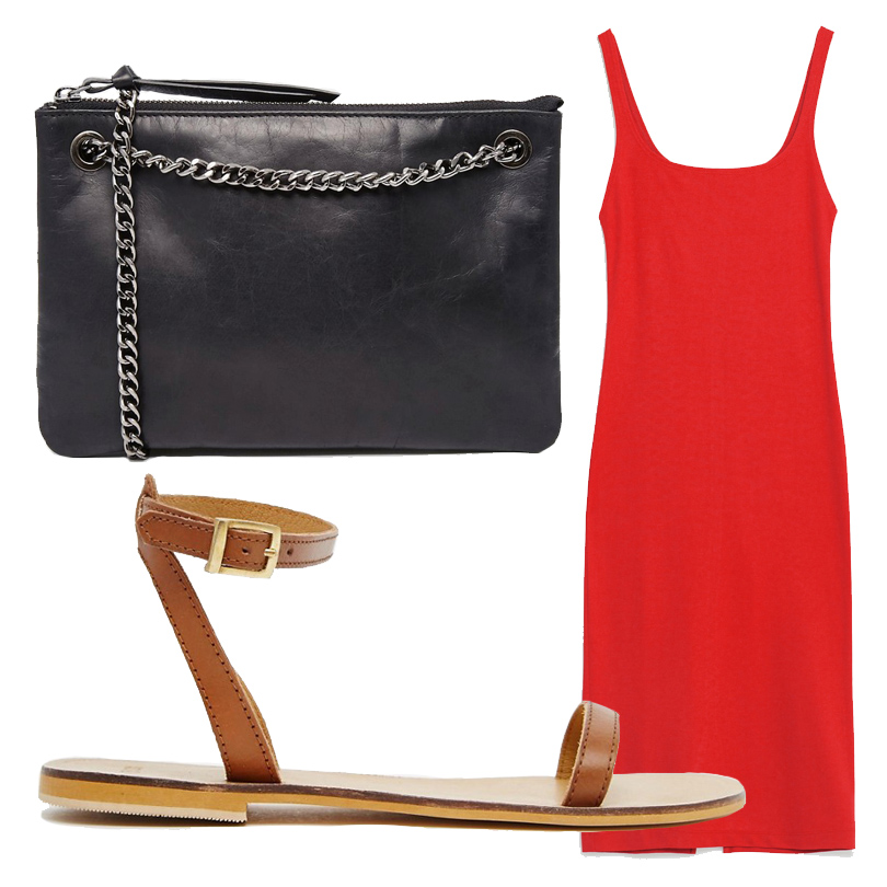 Красное платье Zara, сумка на длинной цепочке Urbancode, сандалии ASOS