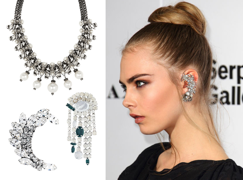 Style Notes: какую бижутерию выбрать этим летом? Кара Делевинь, колье из искусственного жемчуга Erickson Beamon, кафф Emanuele Biocchi, брошь Maison Margiela