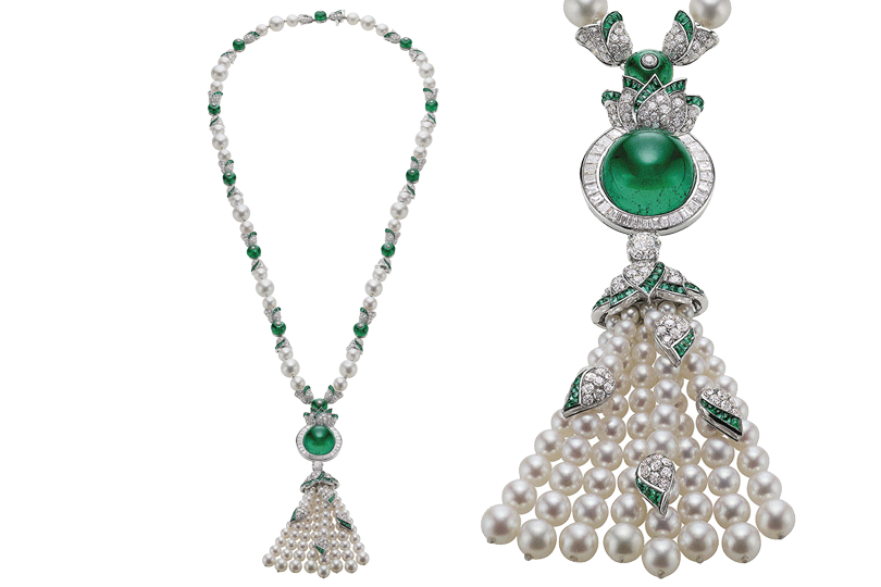Сотуар Bulgari Royal Pearls со 104 жемчужинами Акойя, изумрудным кабошоном около 42 карат и изумрудной бусиной более 26 карат
