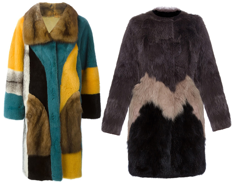 Разноцветное меховое пальто Liska, трехцветное пальто их меха лисы Yves Salomon