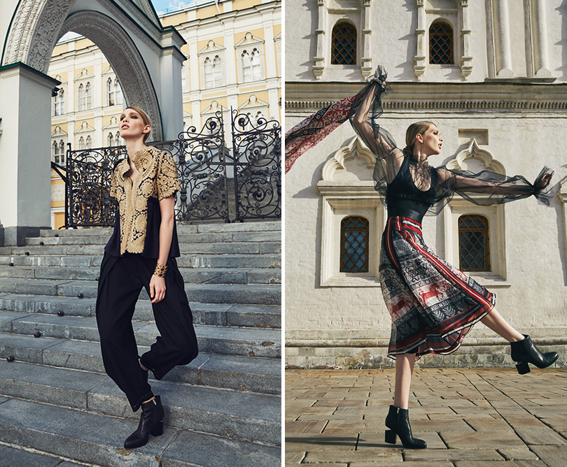Style Notes: модная съемка Aizel в Московском Кремле. Жакет и брюки Asian Spirit. Боди Daria Bardeeva, топ Les’, юбка и платок Gourji