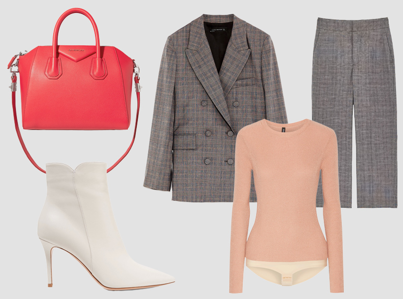 Брючный костюм, Zara; боди, Tuxe Bodywear (Net-a-Porter); ботильоны, Gianvito Rossi; сумка, Givenchy