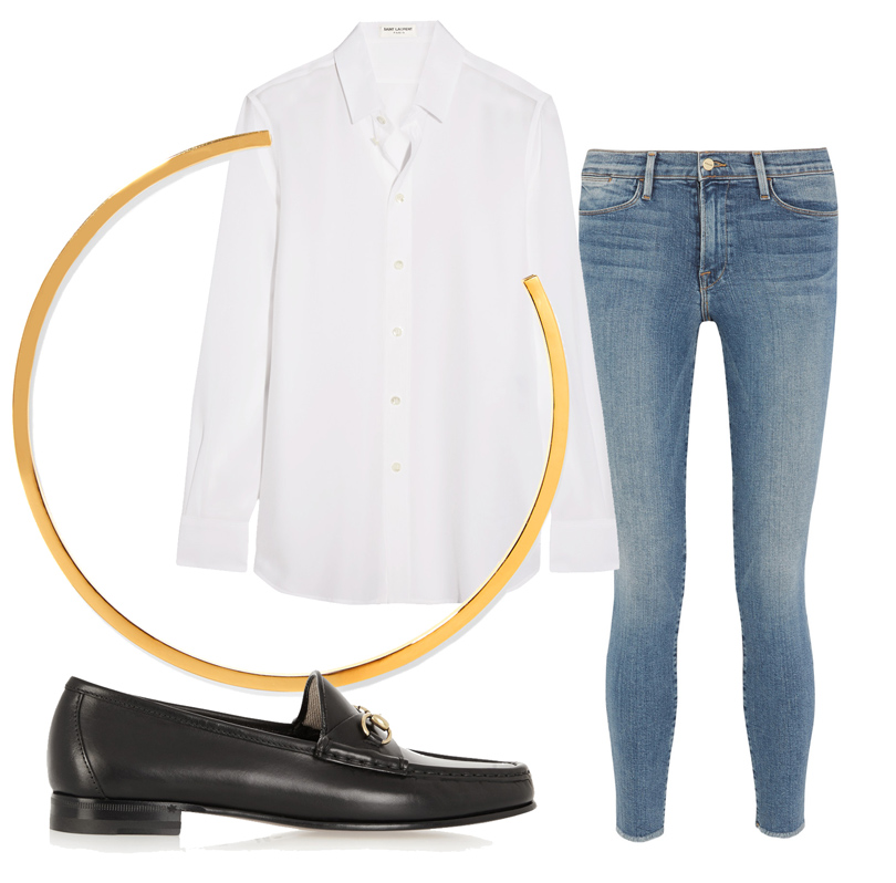 Узкие джинсы Frame Denim, белая шелковая рубашка Saint Laurent, лоферы и сумка Gucci, колье IAM by Ileana Makri