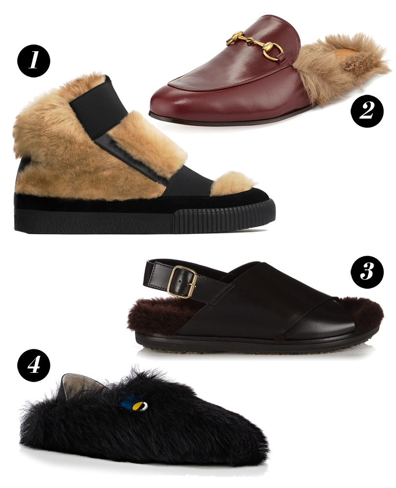 Shoes & Bags Blog: пора утепляться! Стильная обувь с мехом. Отделанные искусственным мехом ботинки Zara Man, мужские меховые мюли Gucci, сандалии с меховой подкладкой Marni, пушистые слиперы Fendi