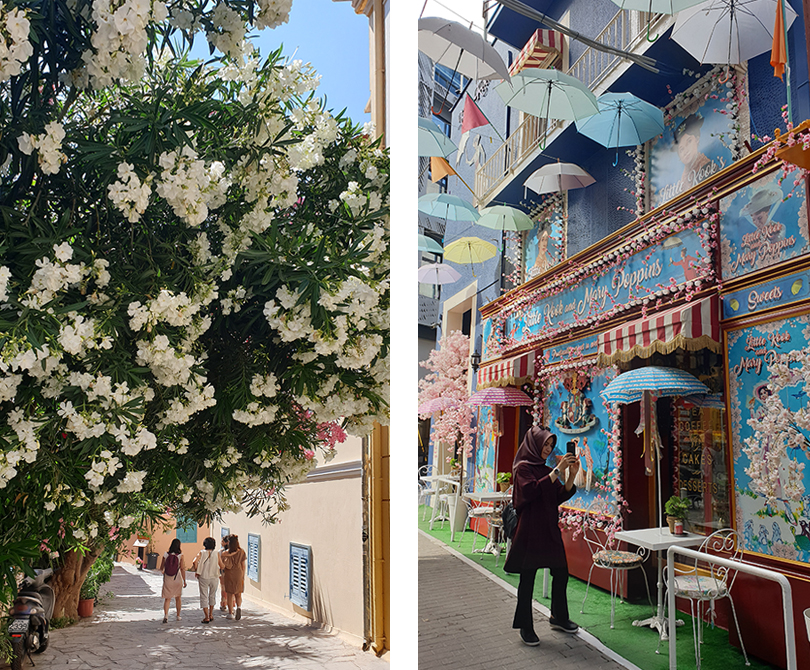 Улочки Афин очень разные: где-то традиционный греческий домик утопает в цветах, а тут же за углом совсем другой сценарий: туристы фотографируют детское кафе Мэри Поппинс