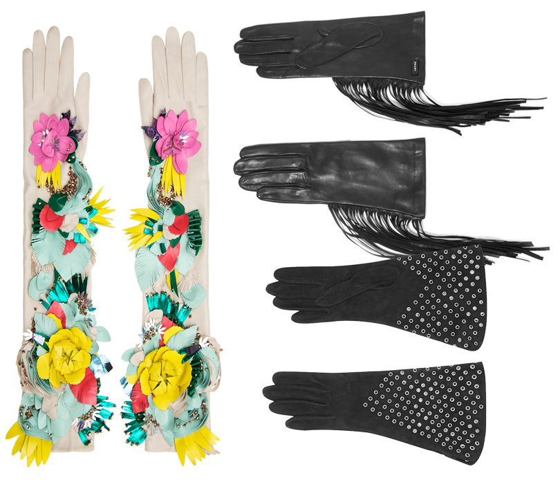 Style Notes: 7 трендов, которые стоит примерить в этом сезоне. Длинные перчатки с цветочной аппликацией Delpozo, кожаные перчатки с бахромой Prada, замшевые перчатки с заклепками Alaïa