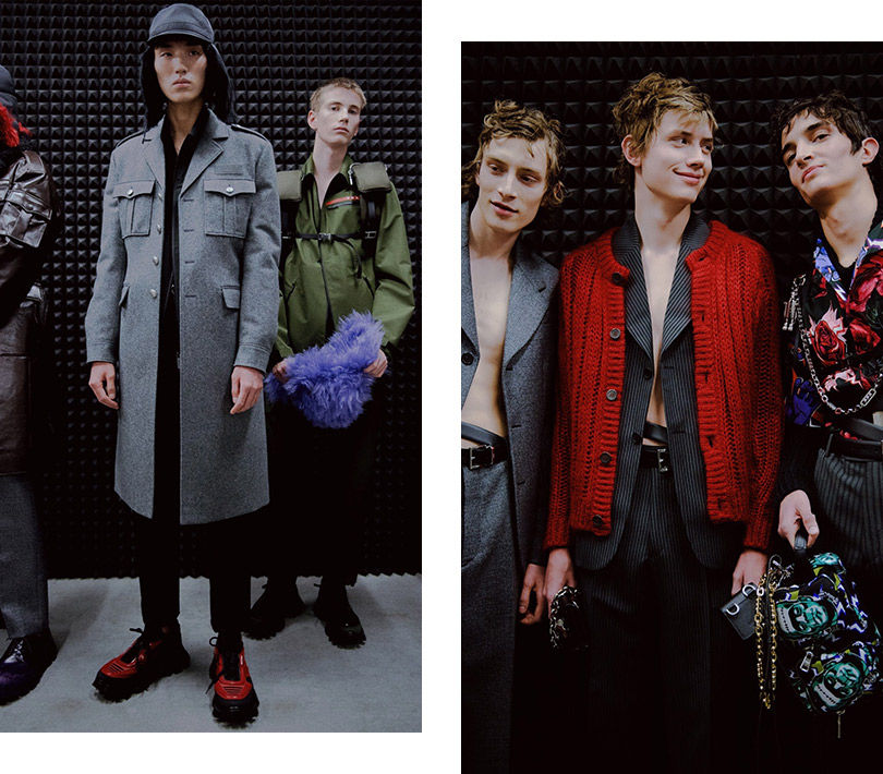 Парные сумки, шапки-ушанки и лаконичный футуризм на показе Prada Men в Милане