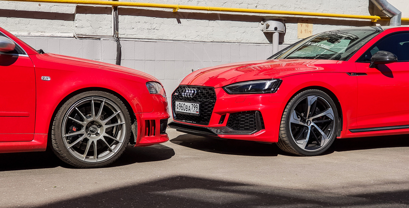 Old and new: Audi B7 RS4 and B9 RS5 in Misano Red