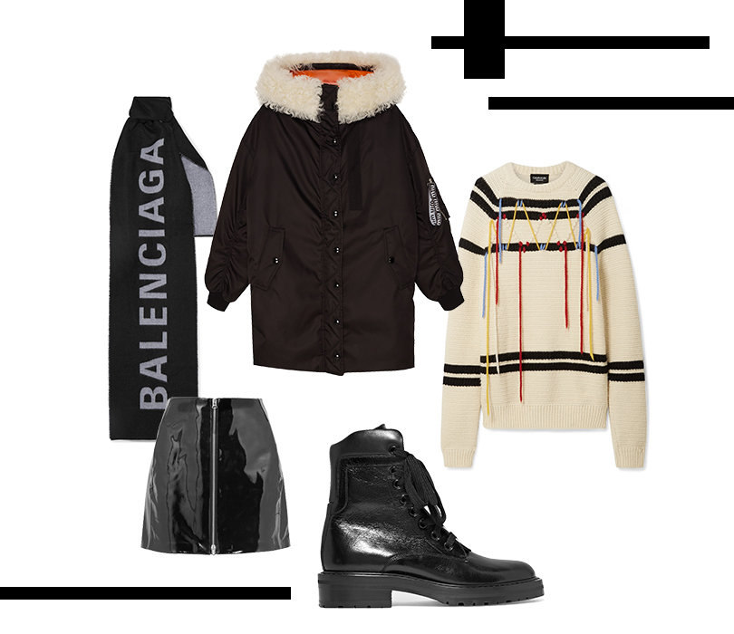 Куртка, Miu Miu; юбка, Rag & Bone; свитер, Calvin Klein 205W39NYC; шарф, Balenciaga; ботинки, Saint Laurent