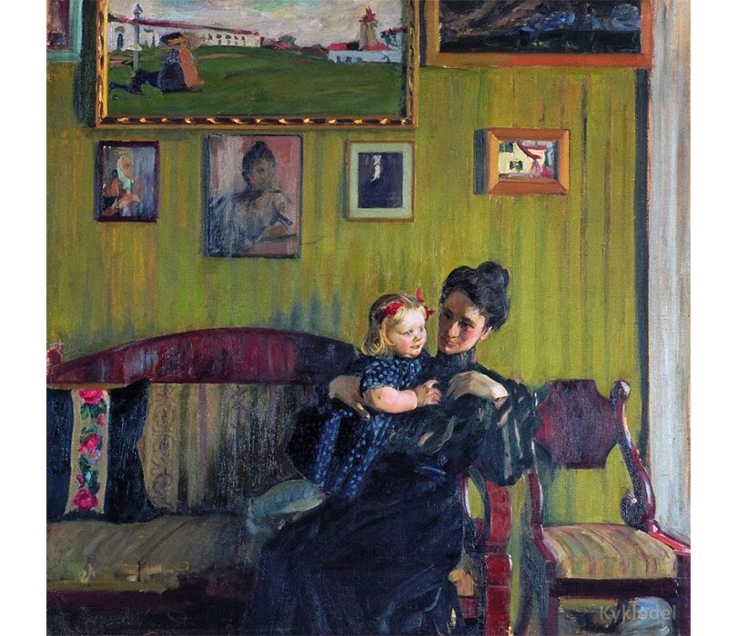Борис Кустодиев. Портрет жены с дочерью Ириной. 1908